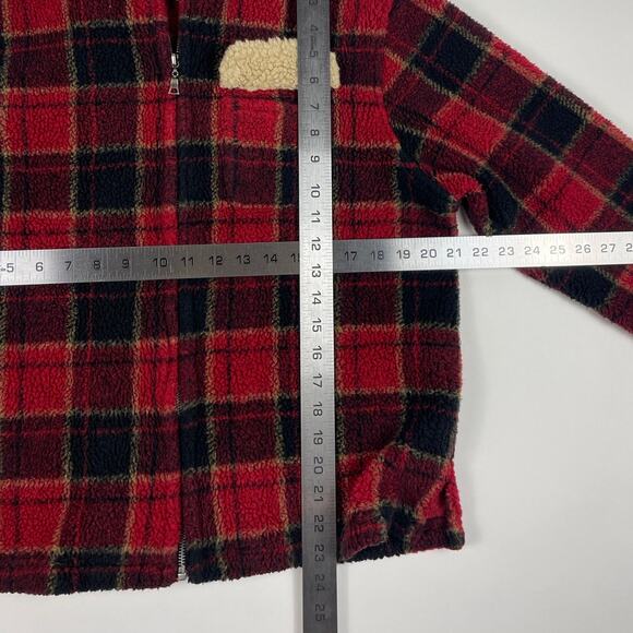 Vintage Red Plaid Fleece W/ Sherpa Collar Fall Winter Warm Boxy Fit Size Medium - Picture 8 of 8